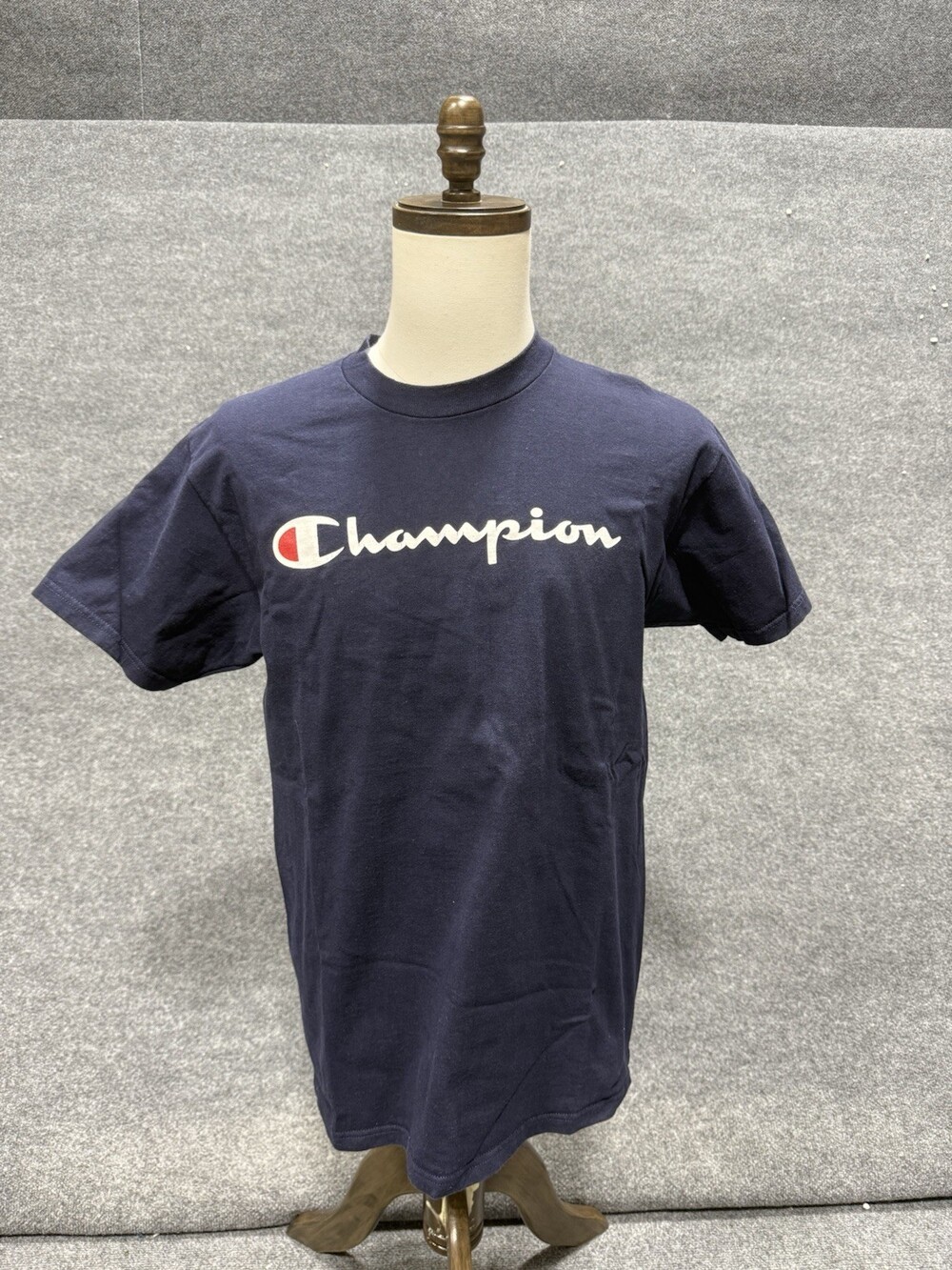 Champion Script Logo T Shirt Navy Blue 100% Cotton Short Sleeve Mens Large - Picture 1 of 10